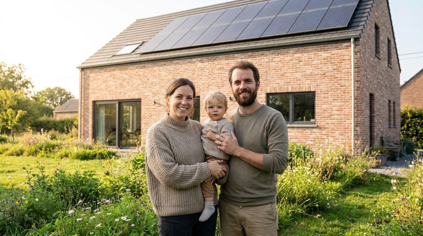Famille devant sa maison rénovée équipée de panneaux solaires